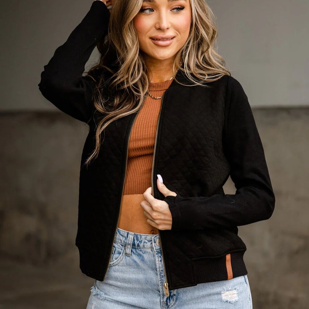 Quilted Bomber Jacket-Black